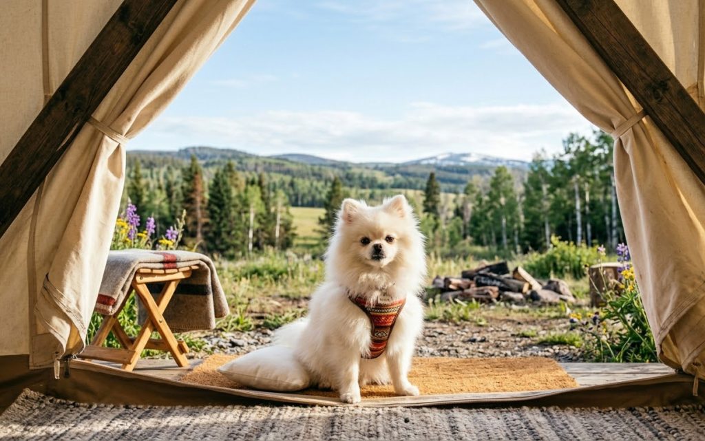 White Pomeranian girl in the forest in a tent