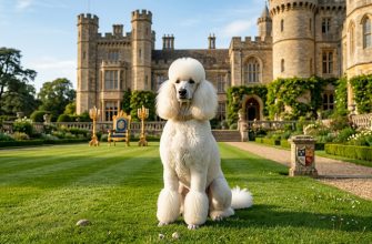 A white poodle with a haircut sits next to a castle. Especially for the article