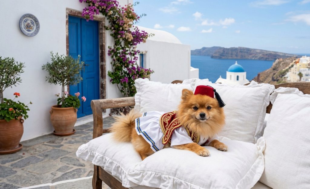 A Pomeranian in traditional Greek clothing lies on snow-white pillows in the courtyard of a snow-white Greek house.