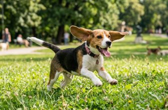 A Beagle girl runs happily across a park lawn, her ears flapping in the wind.