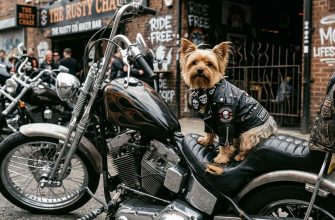 An Orkshire Terrier in a rock outfit on a chopper seat